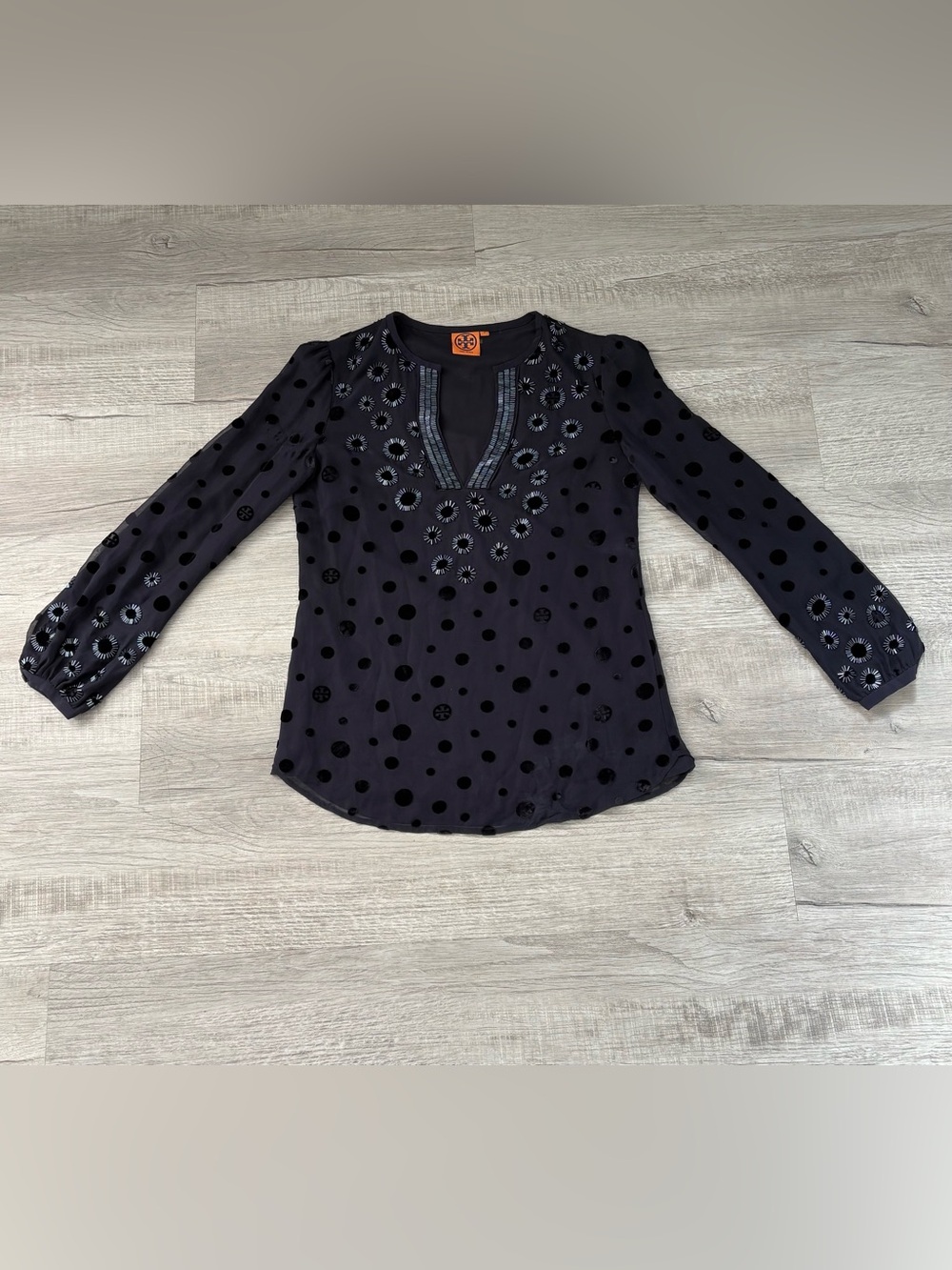 Tory Burch Black Velvet Polka Dot Embroidered V-Neck Blouse 4